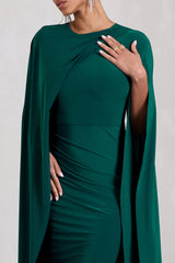 Marysol | Bottle Green Asymmetric Cape Midi Dress
