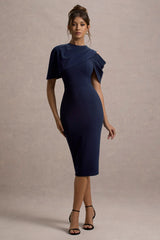 Dorothea | Navy Draped Midi Dress With Cape