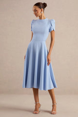 Vicky | Powder Blue High Neck Midi Dress With Puff Sleeves