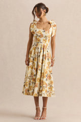 Mena | Lemon Rose Print Square-Neck Midi Dress With Bow Sleeves