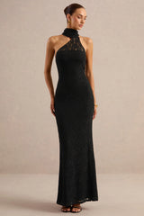 Almaria | Black Lace Asymmetric-Neck Maxi Dress With Collar-Detail