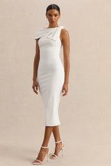 Clarina | White Asymmetric-Neck Midi Dress With Bow-Detail