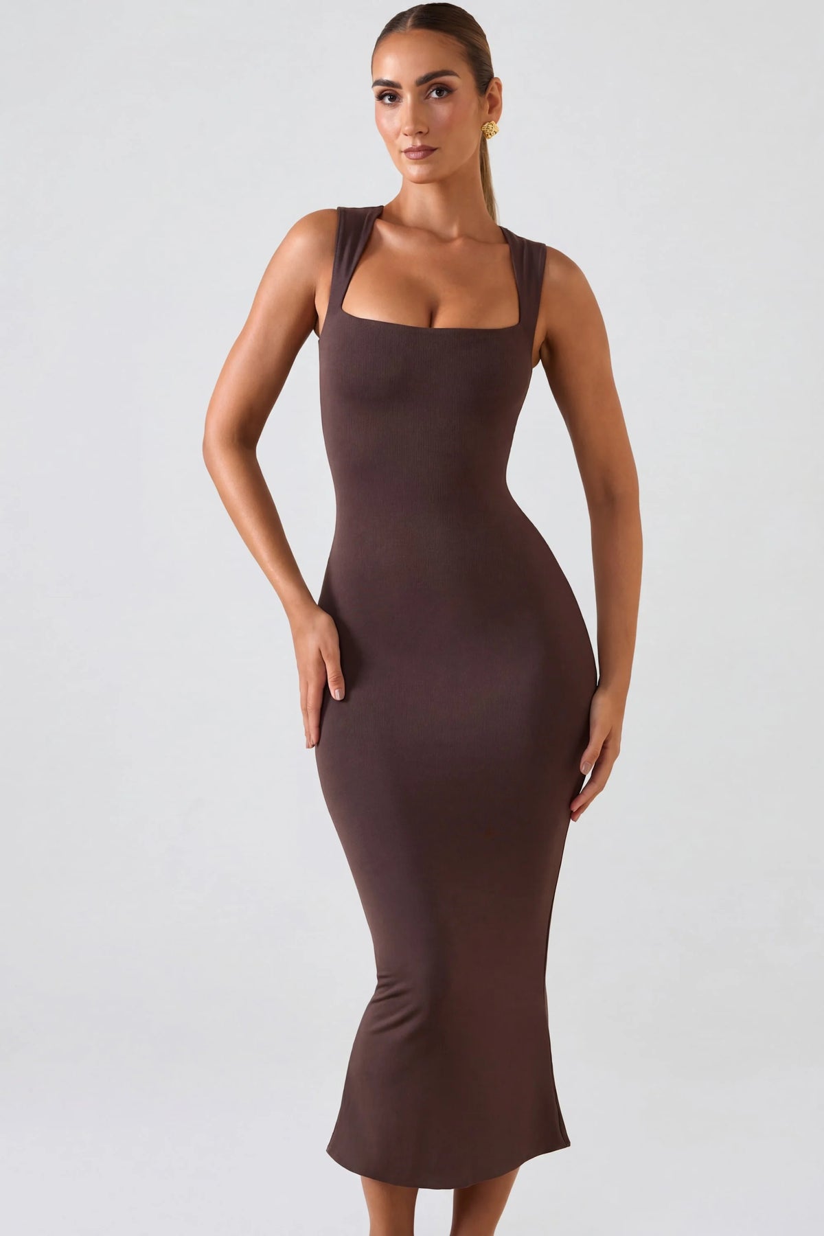 Square Neck Midi Dress In Chocolate Brown