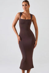 Square Neck Midi Dress In Chocolate Brown