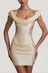 Satin Off-Shoulder Draped Mini Dress In Pearl