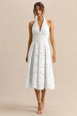Maribel | White Lace Plunge-Neck Midi Dress