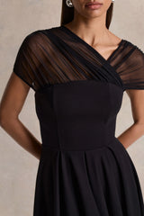 Rosette | Black Asymmetric-Neck Midi Dress