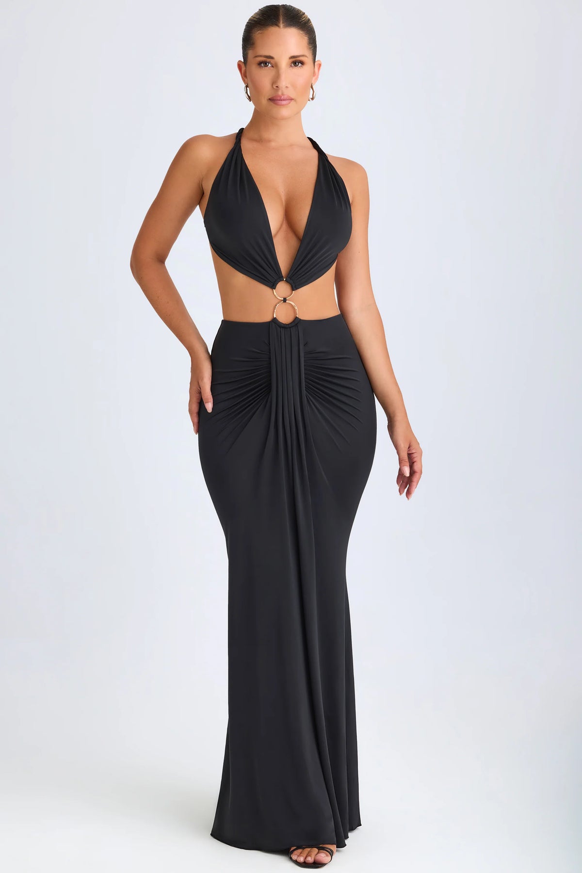 Hardware Detail Cut-Out Halterneck Maxi Dress In Black