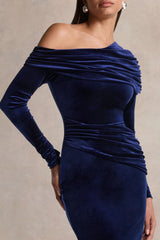 Eirene | Blue Velvet Asymmetric-Neck Midi Dress