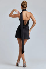 Draped Halterneck Satin Mini Dress In Black