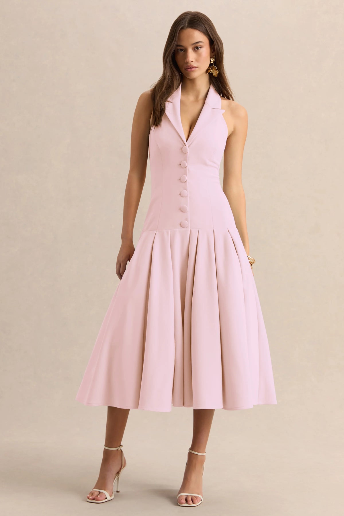 Elise | Light Pink Plunge-Neck Midi Dress With Drop-Waist