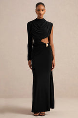 Esmaria | Black High-Neck Maxi Dress With Gold Detail And Sash
