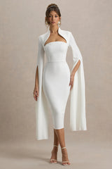Linden | White Fitted Cape-Sleeve Midi Dress