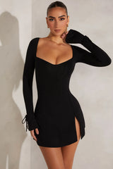 Long Sleeve A-Line Mini Dress In Black