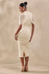 Fleurise | Cream Mesh High-Neck Midi Dress With Short Cape-Sleeves And Gathered-Detailing