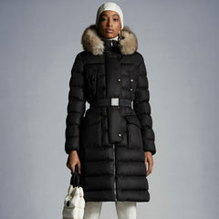 Moncler Fall/Winter Women's Fur Collar Logo Label Waist Long Solid Color Down Jacket Black #293107