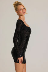 Embellished Lace-Trim Long-Sleeve Mini Dress In Black