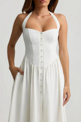 Button-Detail Halterneck Midaxi Dress In White