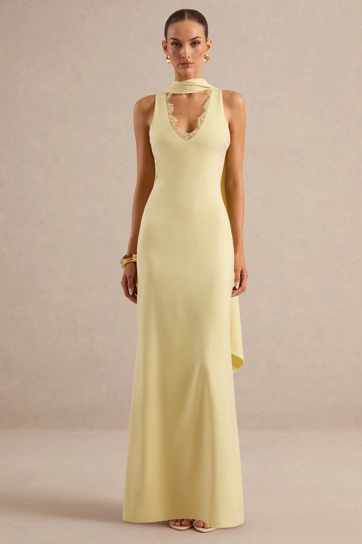 True Icon | Lemon Satin High-Neck Maxi Slip Dress With Sash