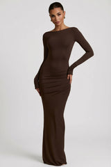 Modal Ruched Backless Maxi Dress In Chocolate Brown