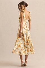 Mena | Lemon Rose Print Square-Neck Midi Dress With Bow Sleeves