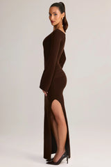 Rib-Knit Boat-Neck Long-Sleeve Maxi Dress In Chocolate Brown