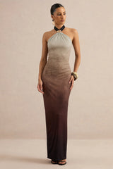 Thera | Brown Ombre Halter-Neck Maxi Dress With Gold Detail