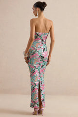 Xandra | Light Blue Floral Print Sequin Bandeau-Neck Maxi Dress
