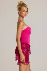 Satin Corset Fringed Mini Dress In Fuchsia Pink