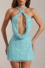 Embellished Cowl-Neck Backless Mini Dress In Aquamarine