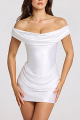 Satin Off-Shoulder Draped Mini Dress In White