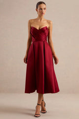 Promises | Red Satin Bandeau-Neck Midi Dress