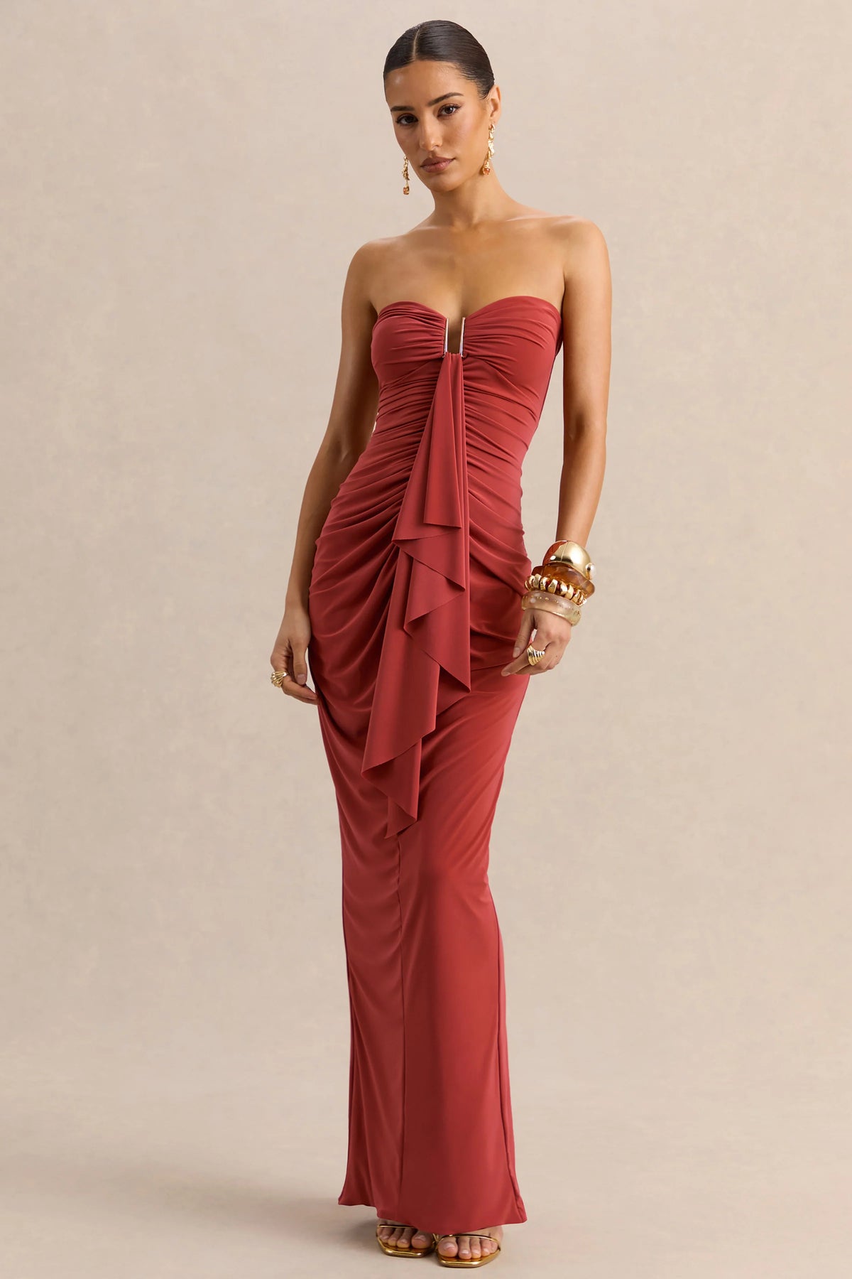Chloe | Rust Bandeau Maxi Dress With Ruffled Detailing