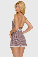 Modal Lace-Trim Mini Dress In Brown Gingham