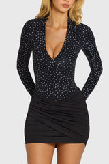 Button Front Long-Sleeve Mini Dress In Black Polka Dot
