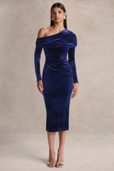 Eirene | Blue Velvet Asymmetric-Neck Midi Dress