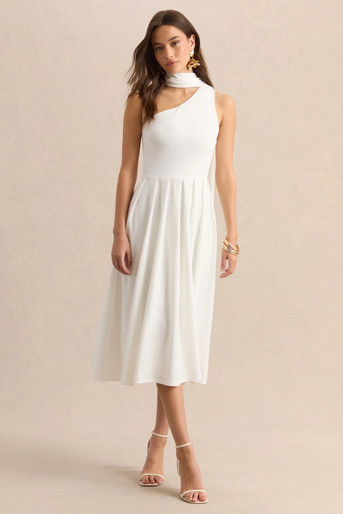 Odette | White Asymmetric-Neck Midi Dress With Scarf