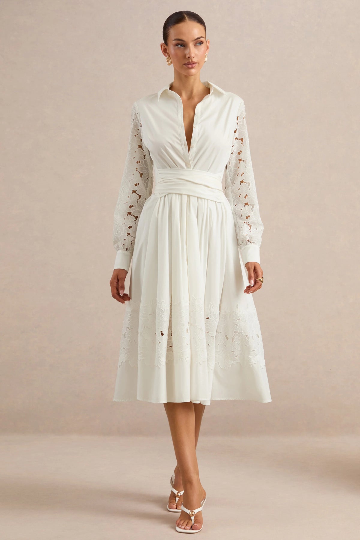 Zalynne | White Broderie Collared-Neck Midi Dress