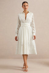 Zalynne | White Broderie Collared-Neck Midi Dress