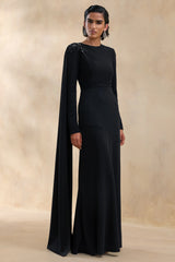 Reese | Black High-Neck Maxi Dress With Embellished Detail And Sash