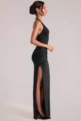 Deep Plunge Halterneck Maxi Dress In Black