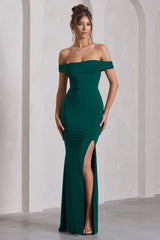 Law Of Attraction | Bottle Green Bardot Draped Split Maxi Dress