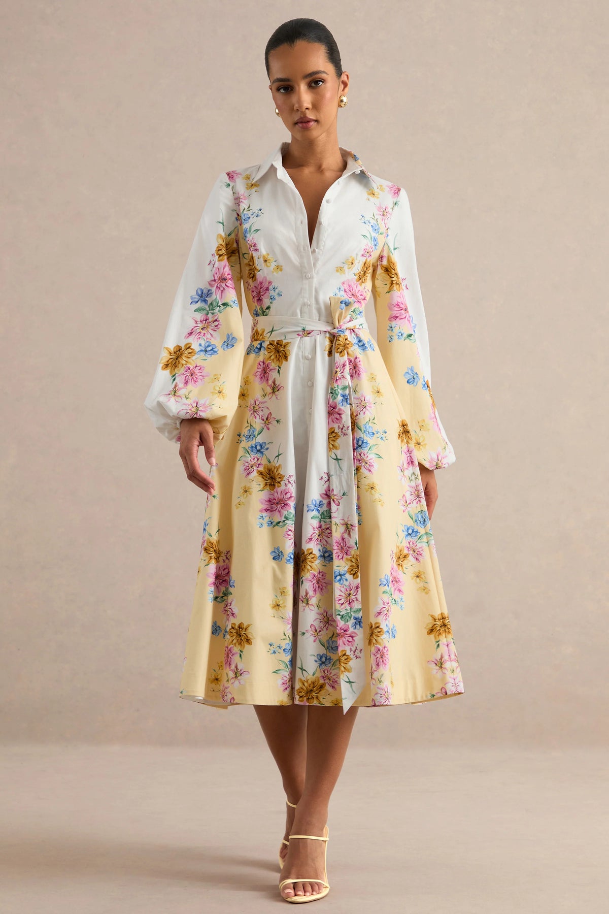Moira | Lemon Floral Midi Dress With Bell Sleeves