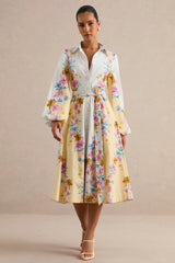 Moira | Lemon Floral Midi Dress With Bell Sleeves