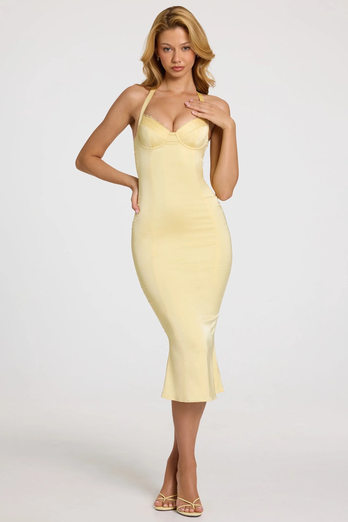 Satin Sweetheart Bustier Fishtail Midaxi Dress In Butter Yellow