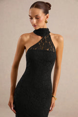 Almaria | Black Lace Asymmetric-Neck Maxi Dress With Collar-Detail