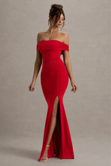 Law Of Attraction | Red Bardot Draped Split Maxi Dress