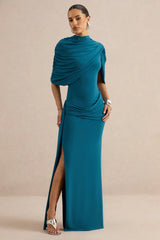 Eleri | Teal High-Neck Maxi Dress With One Short Cape Sleeve And Gathered Detailing