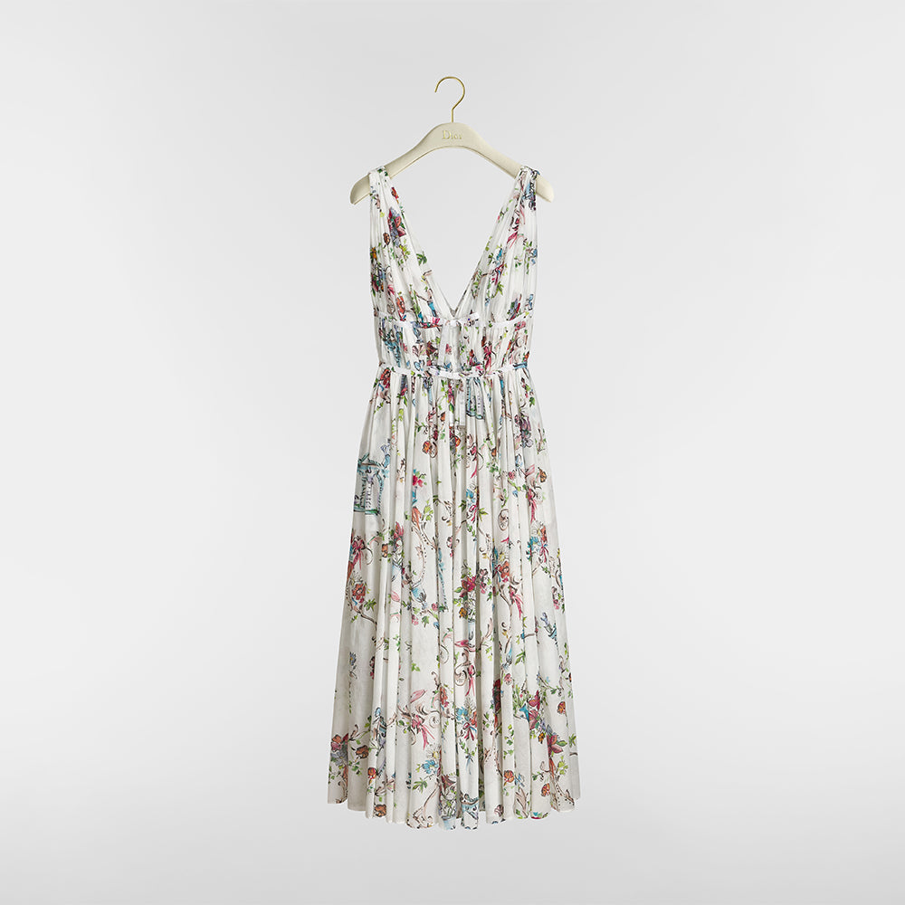 DIOR Dioriviera Mid-Length Flared Dress White Cotton Muslin with Multicolor Dior Arabesque Motif #387259