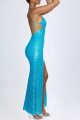 Embellished Cut-Out Halterneck Maxi Dress In Turquoise